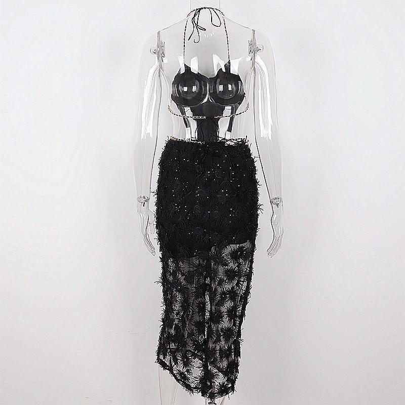 DUNEA Set Áo Liền Quần Hở Lưng Và Chân Váy Phối Tua Rua Thời Trang Cho Nữ