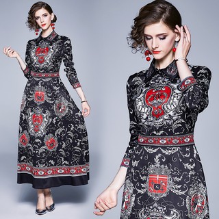 Đầm Maxi tay dài hoạ tiết in phong cách Châu Âu