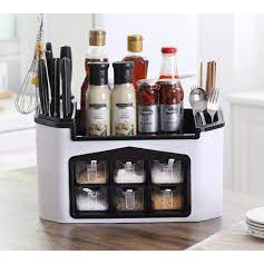 Kệ đựng gia vị 6 cốc có khe để cắm dao - Hộp đựng dụng cụ nhà bếp đa năng Việt Nhật màu pastel xinh xắn