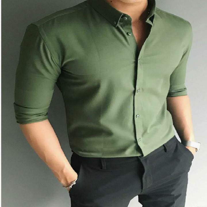 Áo sơ mi nam Davis'L chất lụa Mỹ cao cấp phong cách thời trang trẻ trung màu xanh rêu - Diamond's Store