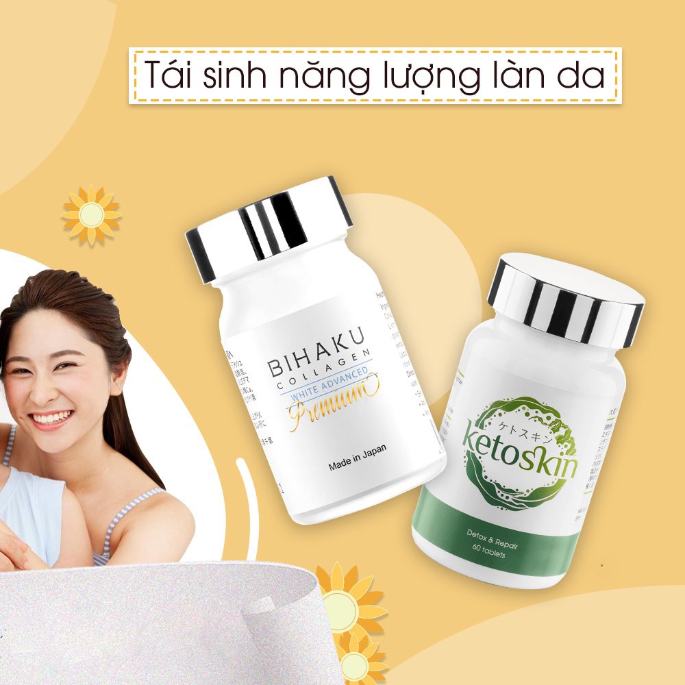 Combo chăm sóc da mặt viên uống trắng da chống lão hóa Bihaku Premium, viên uống thải độc da Ketoskin