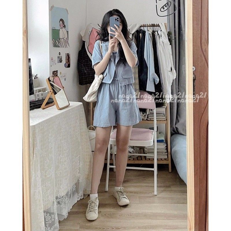 Sét Bộ Đũi 3 Món Áo Khoác Vest + Quần Short Cạo Cao + Áo Dây Nhún, Sét Vest Đùi 3 Món