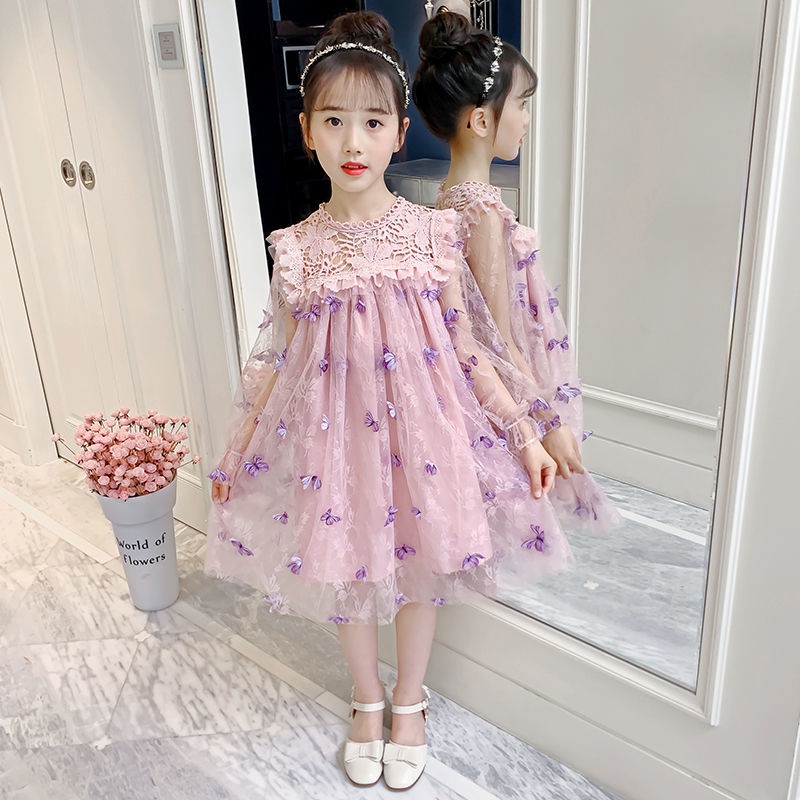 Đầm Công Chúa Tay Dài Phối Ren Hình Bướm Ba Chiều Phong Cách Phương Tây Kiểu Mới Dành Cho Bé Gái 2022