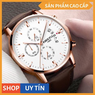 Đồng Hồ Nam NIBOSI 1895 Dây Da cao cấp Full 6 kim ( Dây Nâu, Mặt Trắng ) + FULL BOX [HÀNG CAO CẤP]