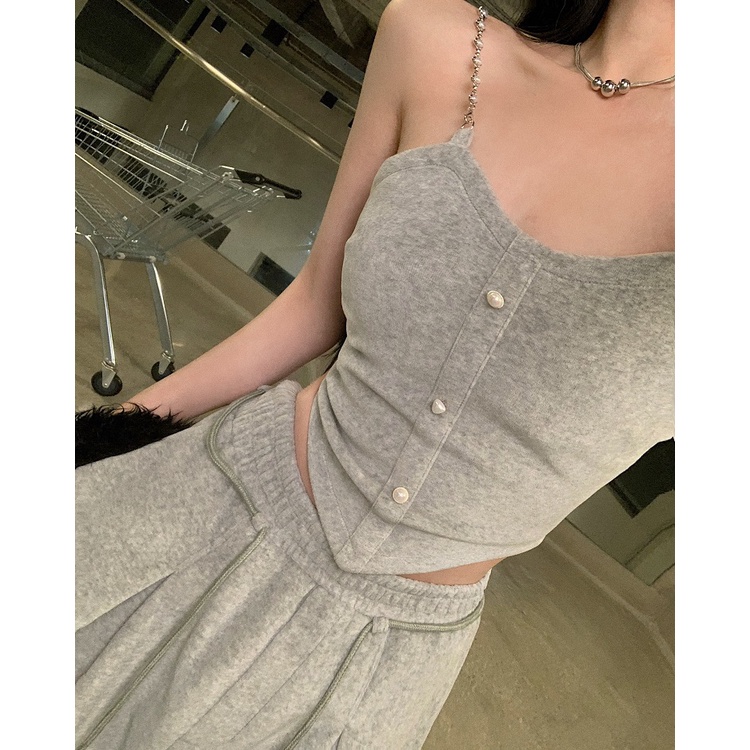 Set áo 2 dây xích croptop xám hở eo thon vai sexy thể thao+quần dài lưng thun chân ống rộng cột rút ulzzang