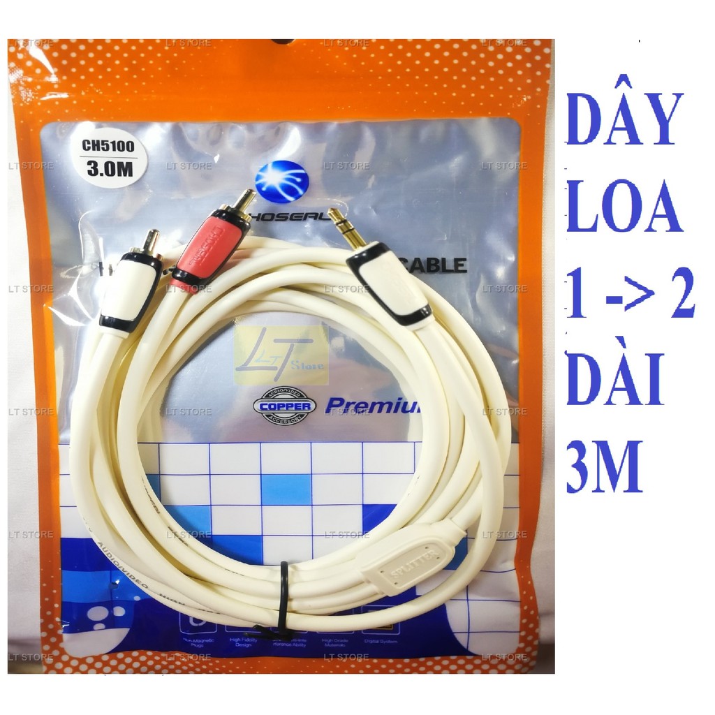 Cáp loa 1 đầu 3.5 ra 2 bông sen RCA dài 1.8M, 3M, 5M, 10M choseal lõi đồng loại tốt (Dây loa 1 ra 2)