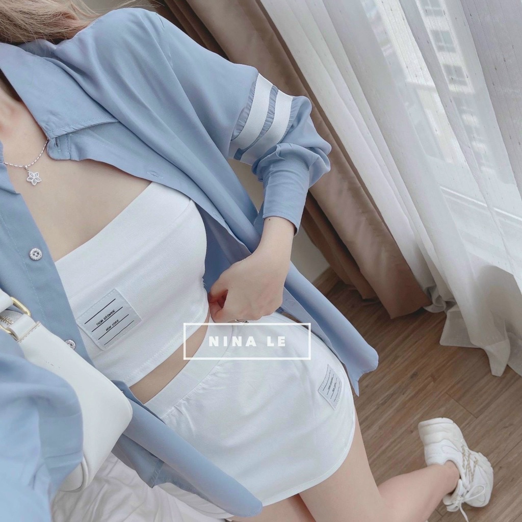 Sét bộ 3 món phối áo 2 dây croptop kèm chân váy áo khoác sơ mi tay dài thời trang nữ thiết kế năng động