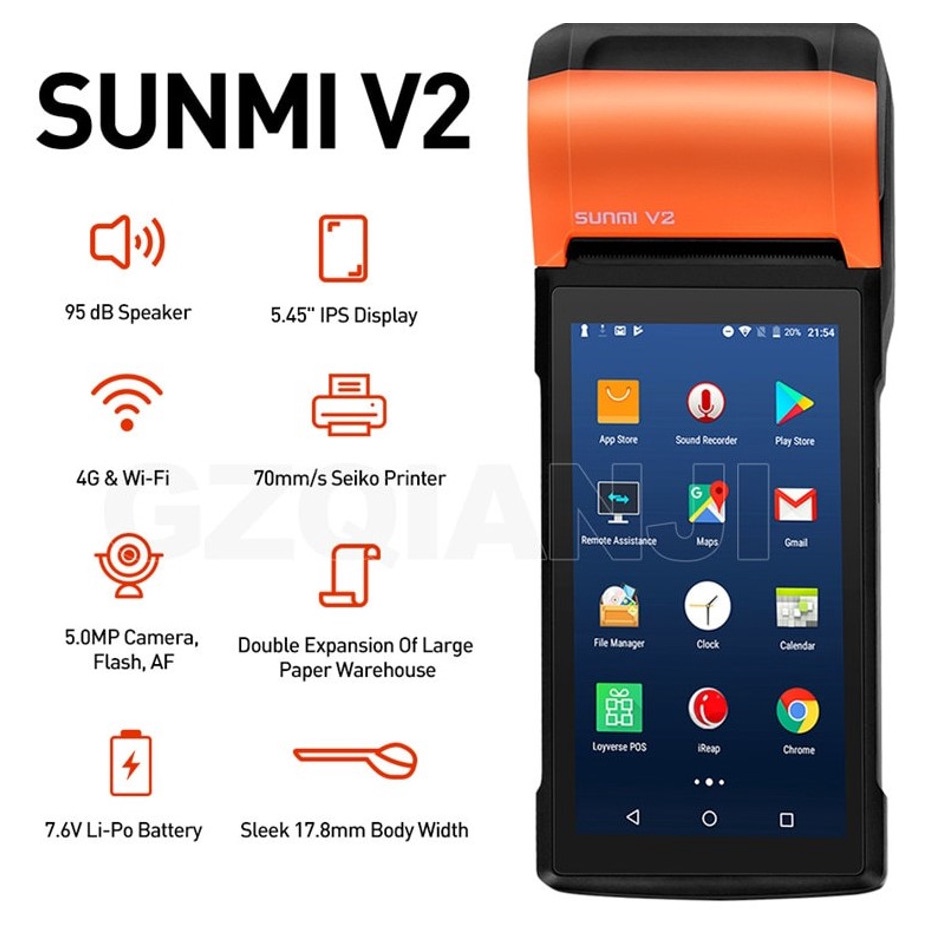 MÁY POS CẦM TAY SUNMI V1S -V2- Tặng 10 Cuộn Giấy-  Bản Quốc Tế  Tải App Grab- Now- Beamin-KiotViet...