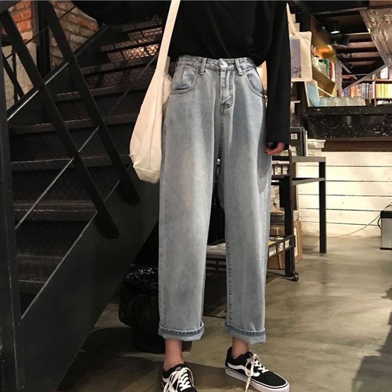 [Baywellfashion]Women Autumn Solid Color Loose Denim Wide Leg Loose Elastic High Waist Straight Casual Pants