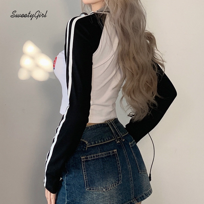 Áo Thun Tay Dài Cổ Chữ V Phối Màu Tương Phản Họa Tiết Kẻ Sọc Thời Trang 2022 Dành Cho Nữ