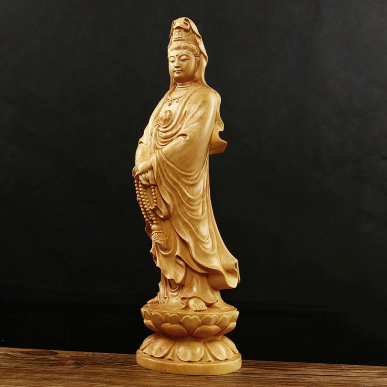 Tượng Phật Quan Âm đứng đài sen bằng gỗ Hoàng Dương MSPC012 (tượng để xe cao 12cm) - HÀNG CHẤT LƯỢNG NHƯ HÌNH
