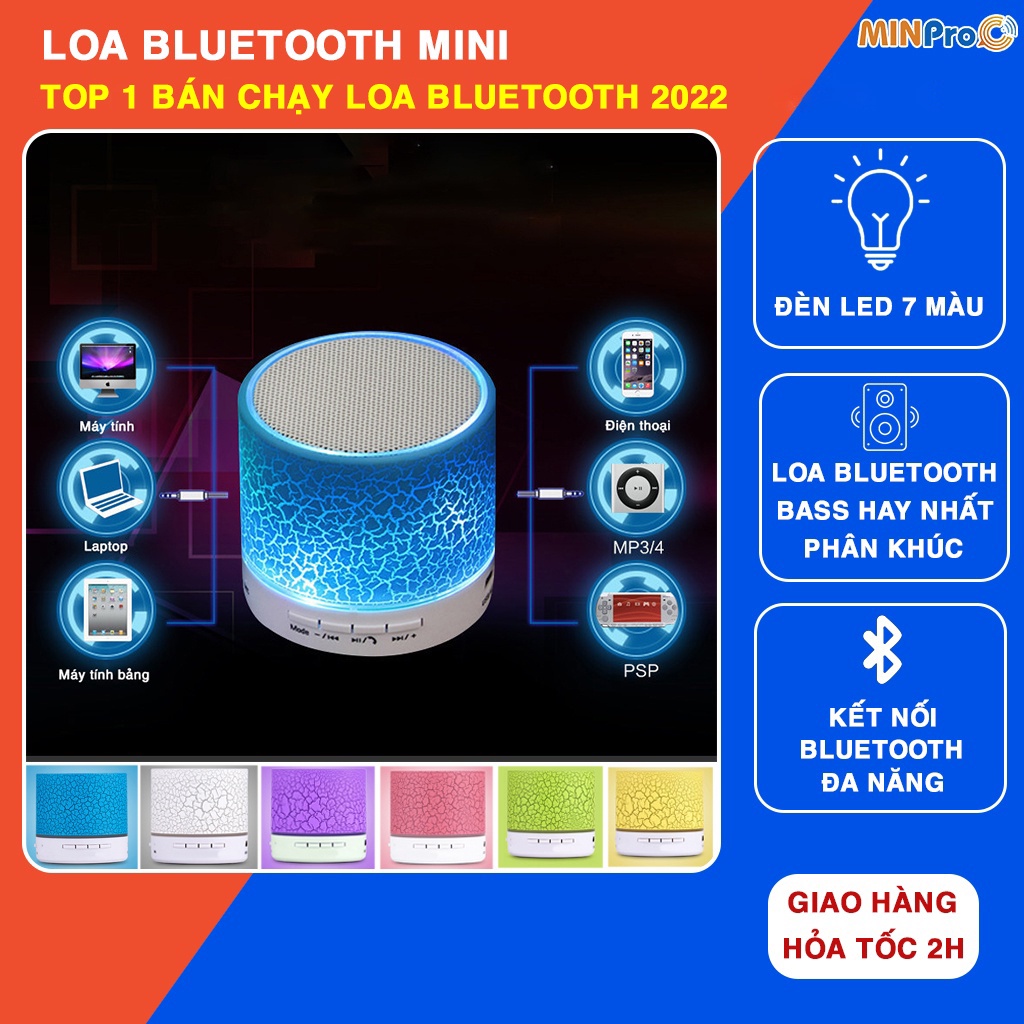 Loa bluetooth mini không dây nghe nhạc, cắm usb thẻ nhớ đa năng có đèn led chính hãng - MINPRO