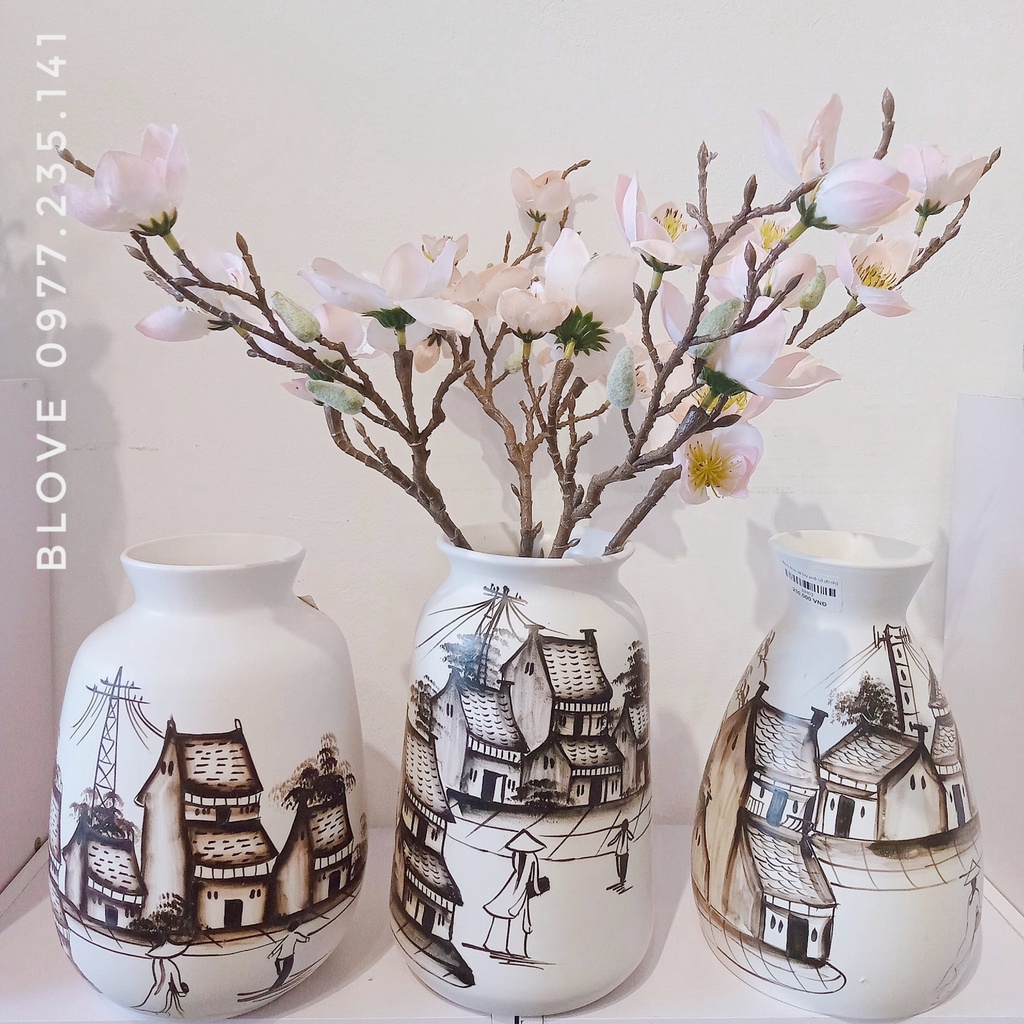 Quà tặng cao cấp,Bộ 3 bình hoa phố cổ,Gốm sứ bát tràng vẽ tay thủ công, Trang trí nhà cửa,decor cực xinh