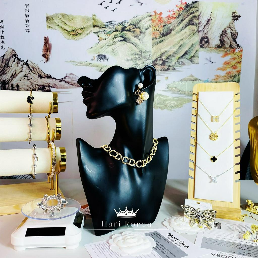 Sét trang sức CD ngọc nhỏ, Dây chuyền và bông tai thời trang, vòng cổ ngọc cao cấp hari korea accessories