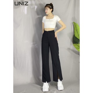 Set Đi Chơi Nữ: Áo Croptop Cổ Vuông, Quần tây Ống Suông cạp Cao Xẻ Trước UNIZ, Dáng Dài, vải Tuyết Mưa, Mềm , không nhăn