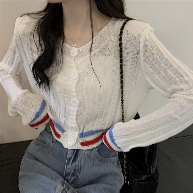 Áo Khoác Cardigan Dệt Kim Mỏng Họa Tiết Kẻ Sọc Thời Trang Mùa Hè Hàng Mới Dành Cho Bạn Nữ