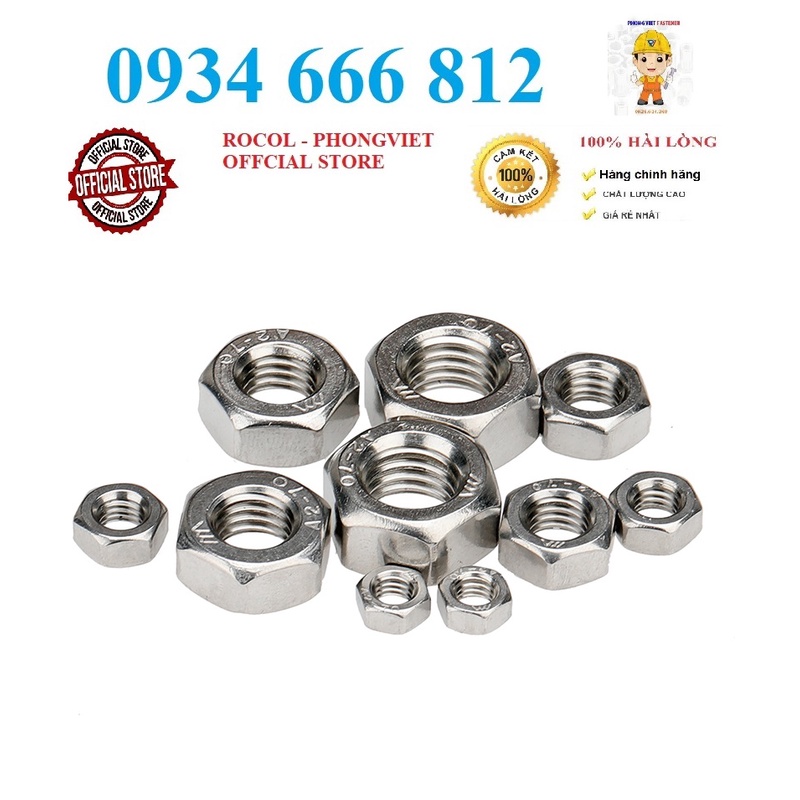 Set 10 cái M3-M12 Đai ốc lục giác INOX 304 M3-M12