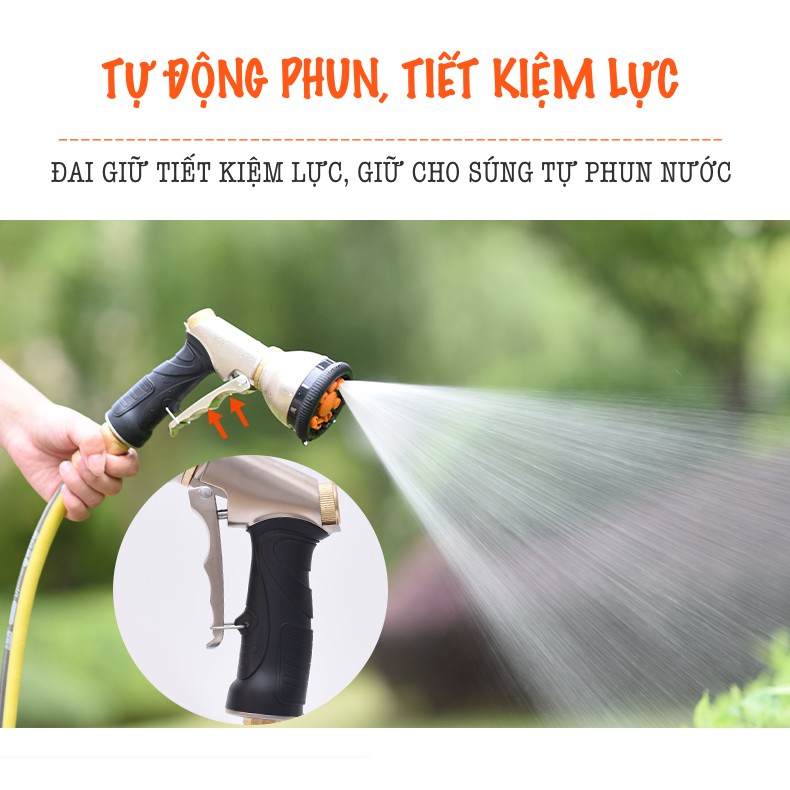 Vòi tưới cây Lionking 10-30 mét. Ống nước 5 LỚP, vòi phun KIM LOẠI 9 kiểu phun, khớp nối ĐỒNG. Bao gồm rulo cuộn ống