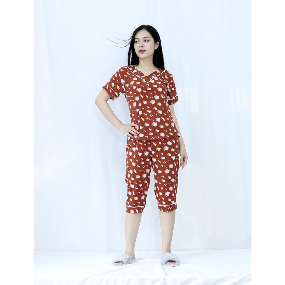 Bộ đồ Pijama nữ lửng MÀU NÂU CHẤM KHỐI TRẮNG - CỰC XINH  - vải lụa cao cấp - Cực Kì Sang Chảnh