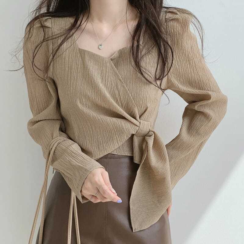 Áo voan tay dài cổ vuông phong cách retro Hàn Quốc thời trang thu đông cho nữ