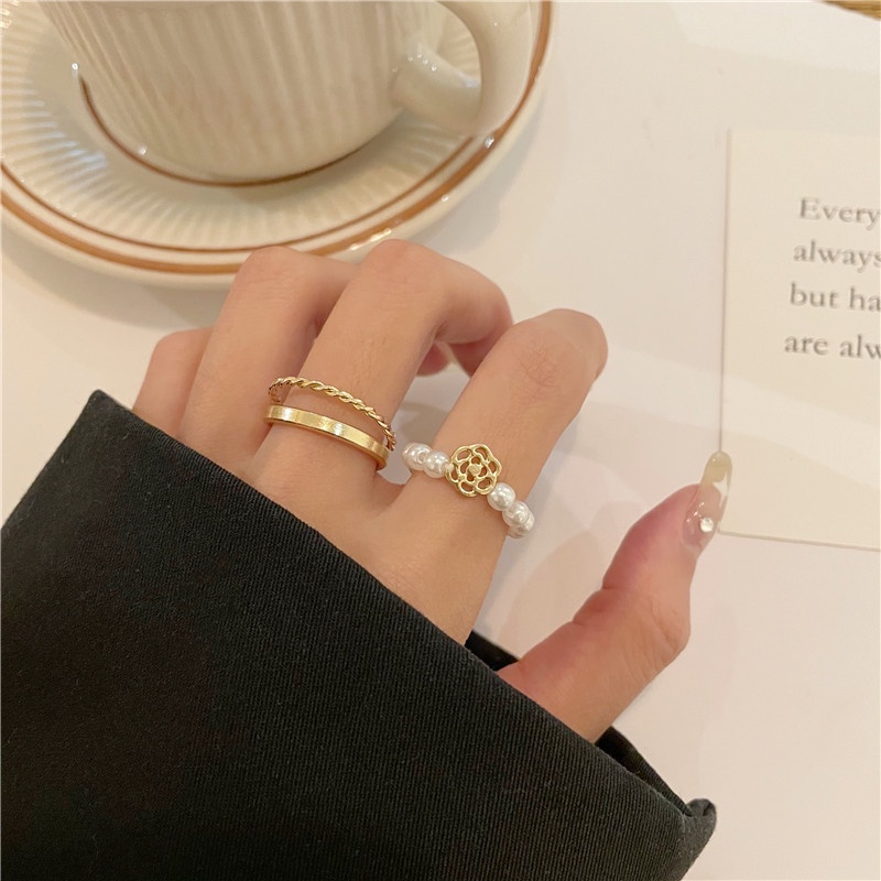 Set 3 nhẫn mạ vàng đính ngọc trai nhân tạo thời trang cho nữ