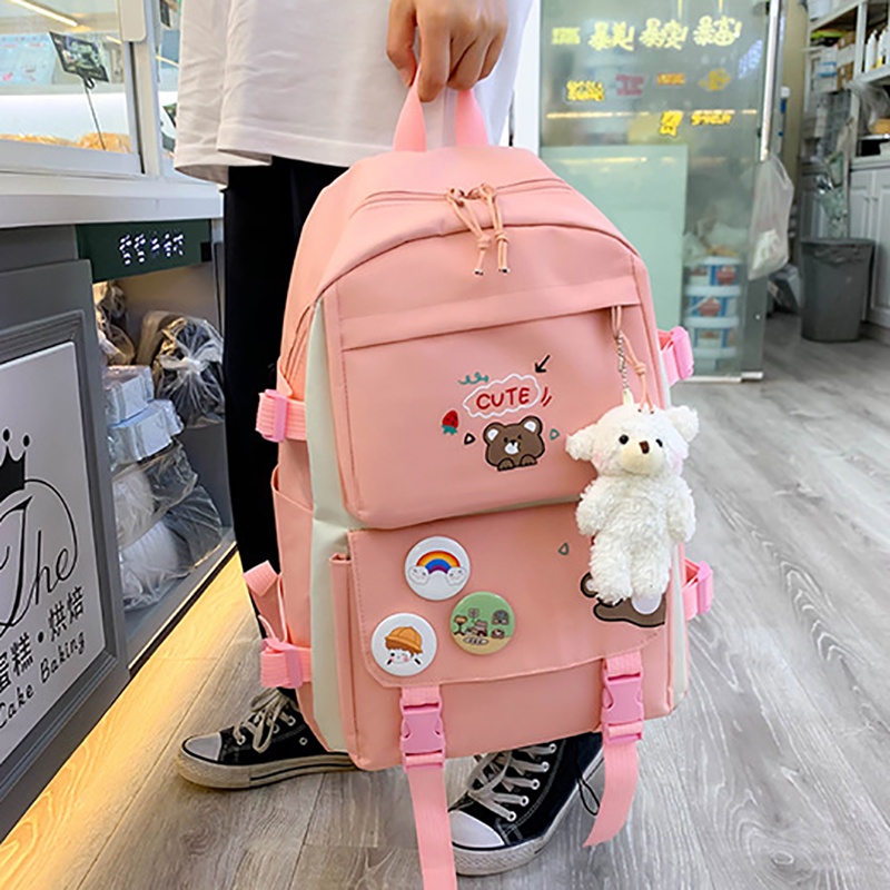 Set ba lô nữ 4 món cặp đi học du lịch phong cách ulzzang hình gấu