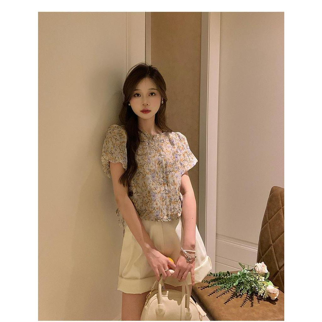 Áo Kiểu Tay Phồng Họa Tiết Hoa Phối Dây Rút Phong Cách Hàn Quốc Thời Trang Mùa Hè 6274