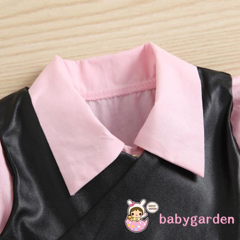 Bộ Đầm Midi Tay Dài Màu Trơn + Áo Khoác Da Pu Màu Đen Cho Bé Gái