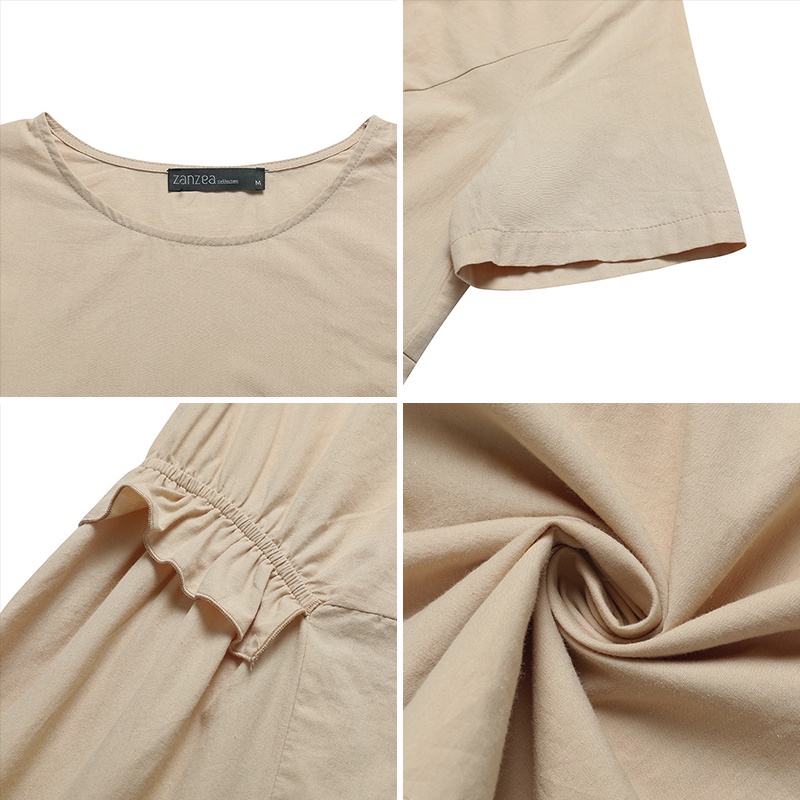 Zanzea Đầm Tay Ngắn Cổ Tròn Màu Trơn Thời Trang Dành Cho Nữ