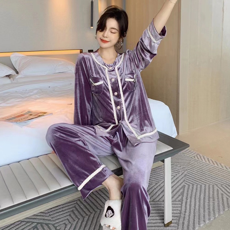 (MớI) Bộ Pijama Nhung DàI Tay Giữ ẤM Cho Nữ