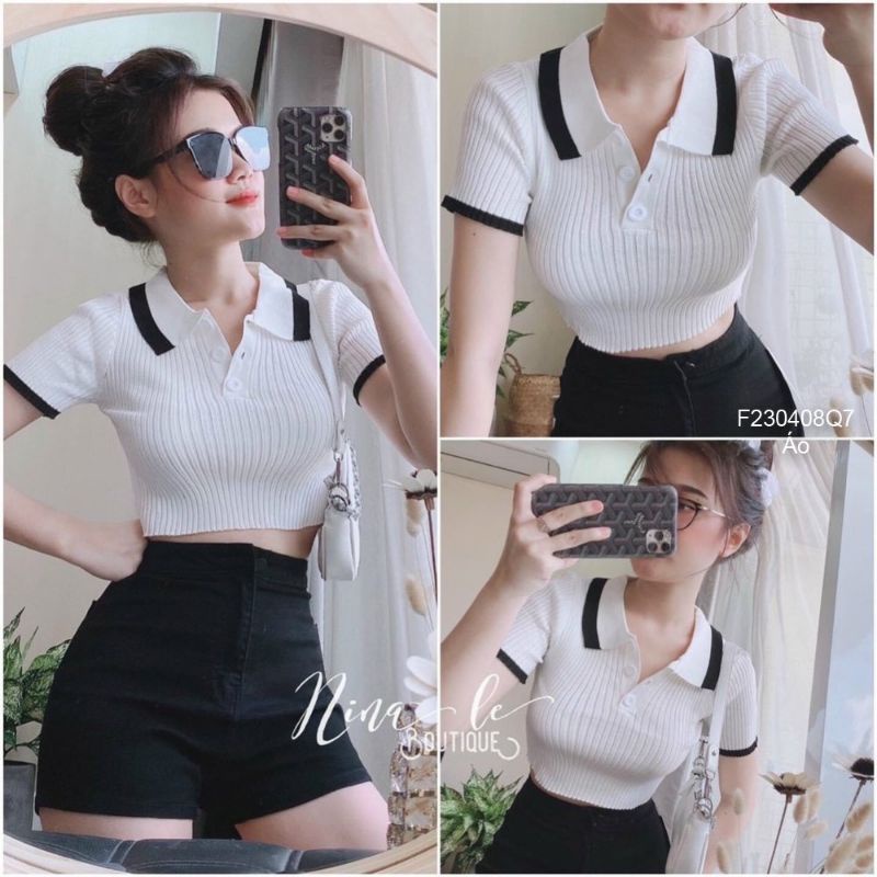 Áo len croptop tăm cúc cổ bẻ mongtoghi hàng Quảng Châu 2304