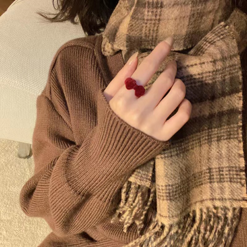 Nhẫn IF YOU vải nhung thắt nơ đính quả dâu tây phong cách cổ điển dành cho nữ