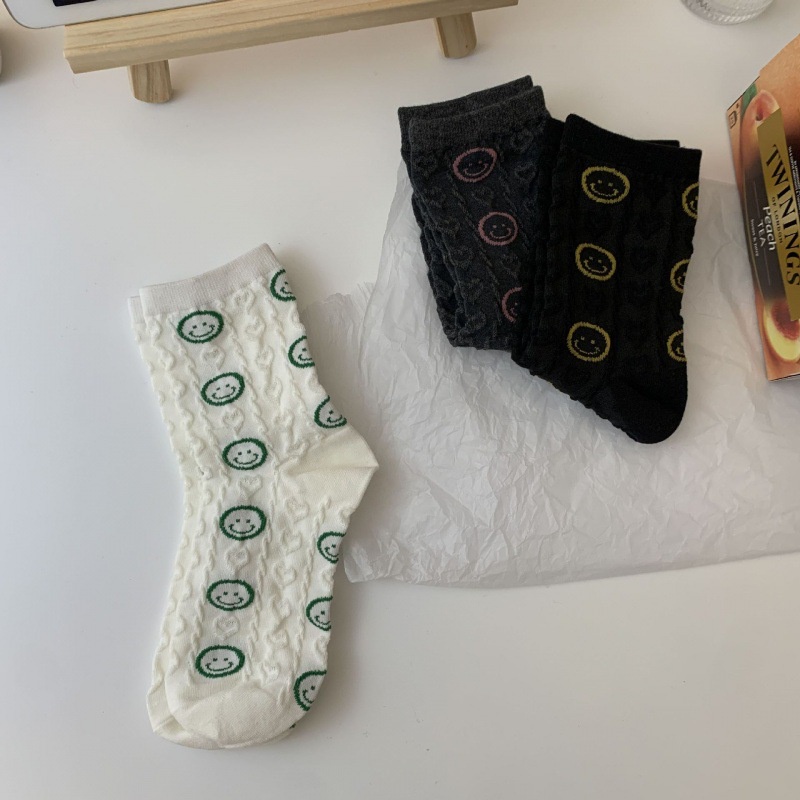 Vớ Cotton Trắng Cổ Vừa In Hình Mặt Cười Trái Tim Phong Cách Nhật Hàn Thời Trang Xuân Hè Cho Nữ