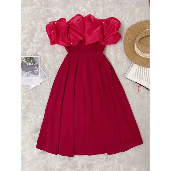 V2122 váy đỏ xoè trễ vai dự tiệc