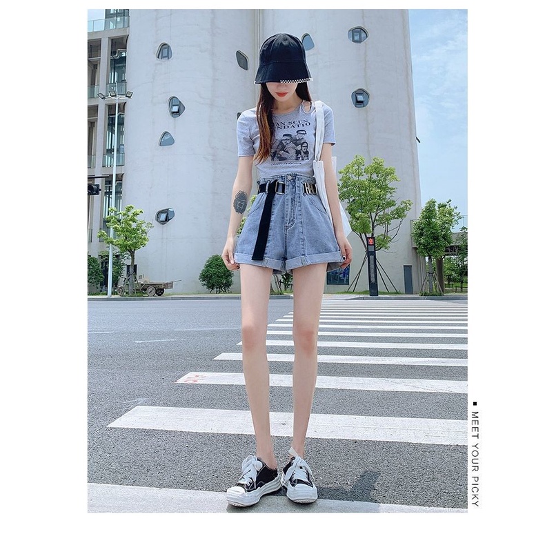 Quần Short Denim Đen Lưng Cao Ống Rộng Thời Trang Mùa Hè 2022 Cho Nữ