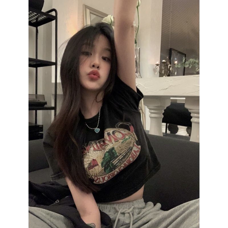 Porozi  Áo thun lửng  tay ngắn cổ tròn dáng ôm in họa tiết phong cách retro Hàn Quốc thời trang cho nữ