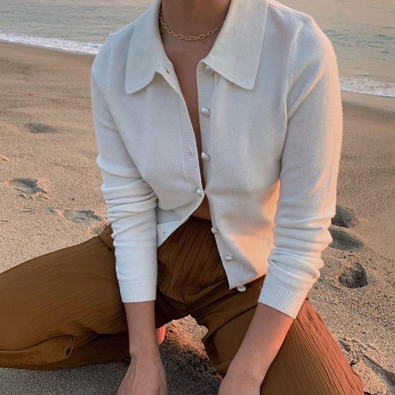 Áo kiểu cardigan dệt kim tay dài cổ lật phối nút thời trang quyến rũ dành cho nữ