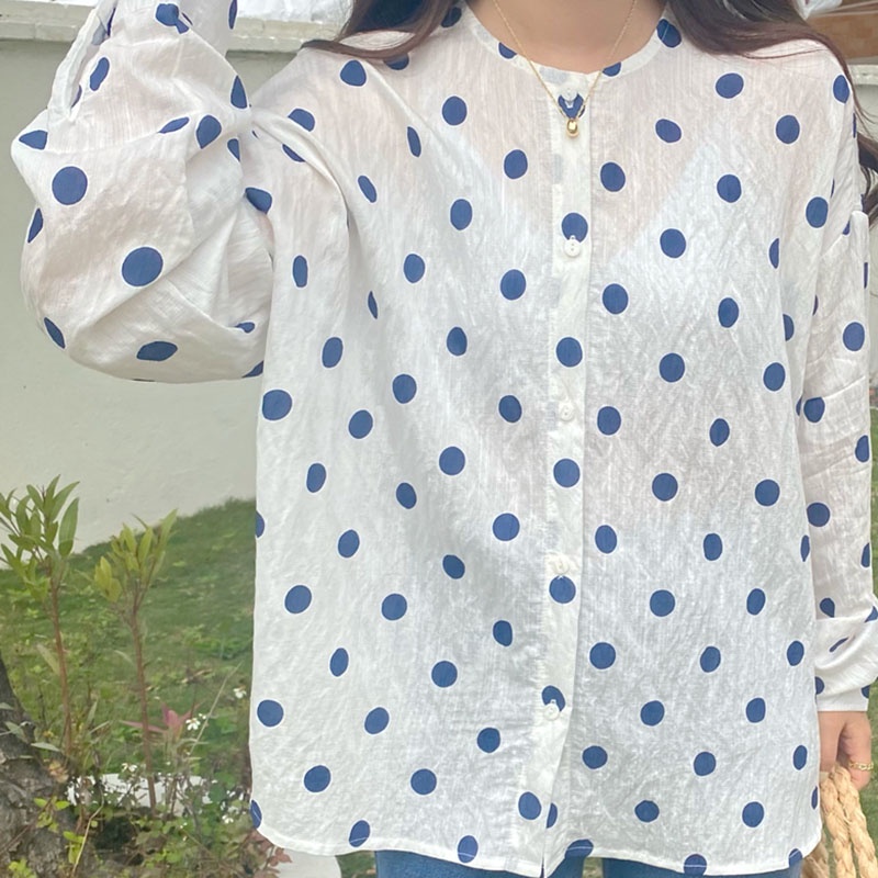 Áo kiểu IELGY tay dài cổ tròn in họa tiết chấm bi xinh xắn cho nữ