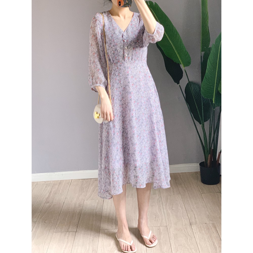 Váy voan hoa nhí màu tím Pastel nhẹ nhàng tiểu thư dáng dài tay lỡ