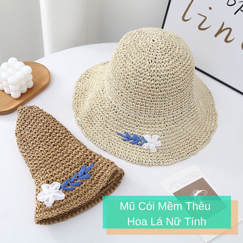 Mũ Bucket cói mềm thêu hoa lá nữ tính