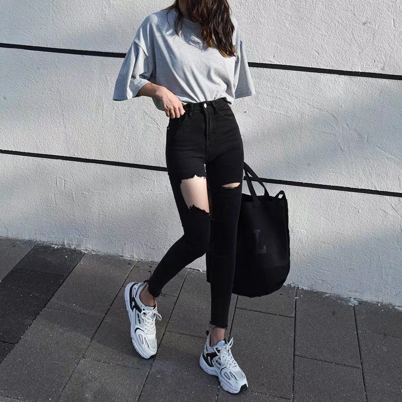 Quần jean dài BIGSIZE rách đùi to, lưng cao, co dãn mạnh màu xám tây