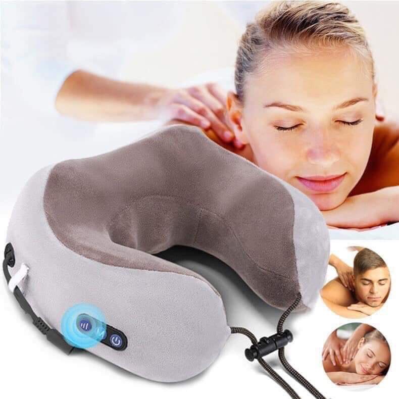 Gối massage chữ U trị liệu cổ vai gáy + gối massage chạy pin vòng cổ thư giãn hồng ngoại 2 bi tự động đảo chiều