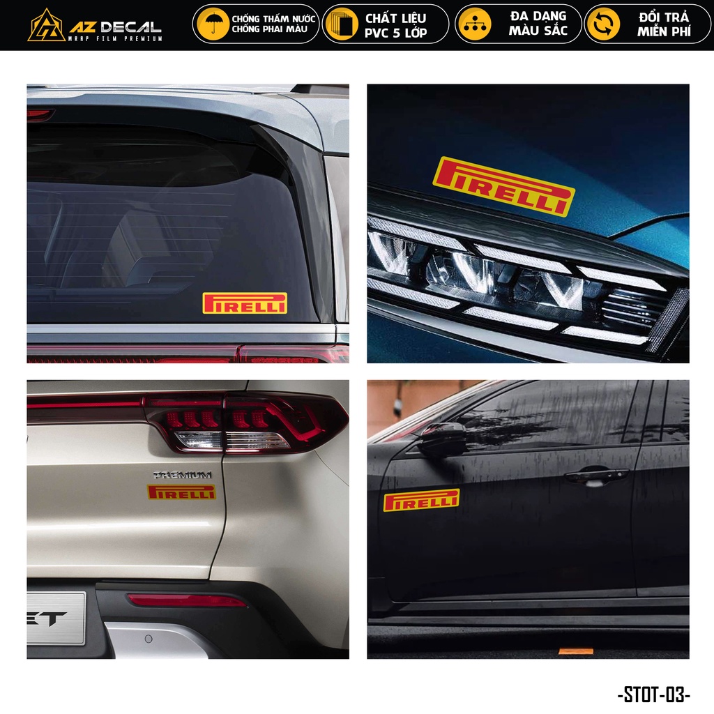 Sticker Ô Tô Thiết Kế Pirelli | STOT-03 | Tem Dán Xe Oto Xe Hơi Sườn Tay Cầm Đèn Kính Lái Cản Sau Chống Nước Bền Màu