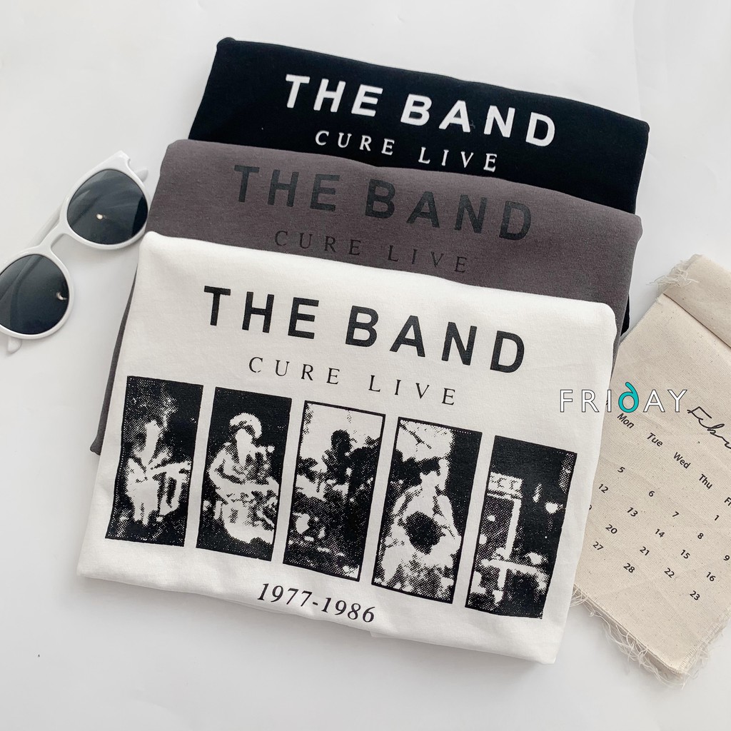 Áo phông nữ basic dáng rộng cổ tròn họa tiết chữ the band Friday