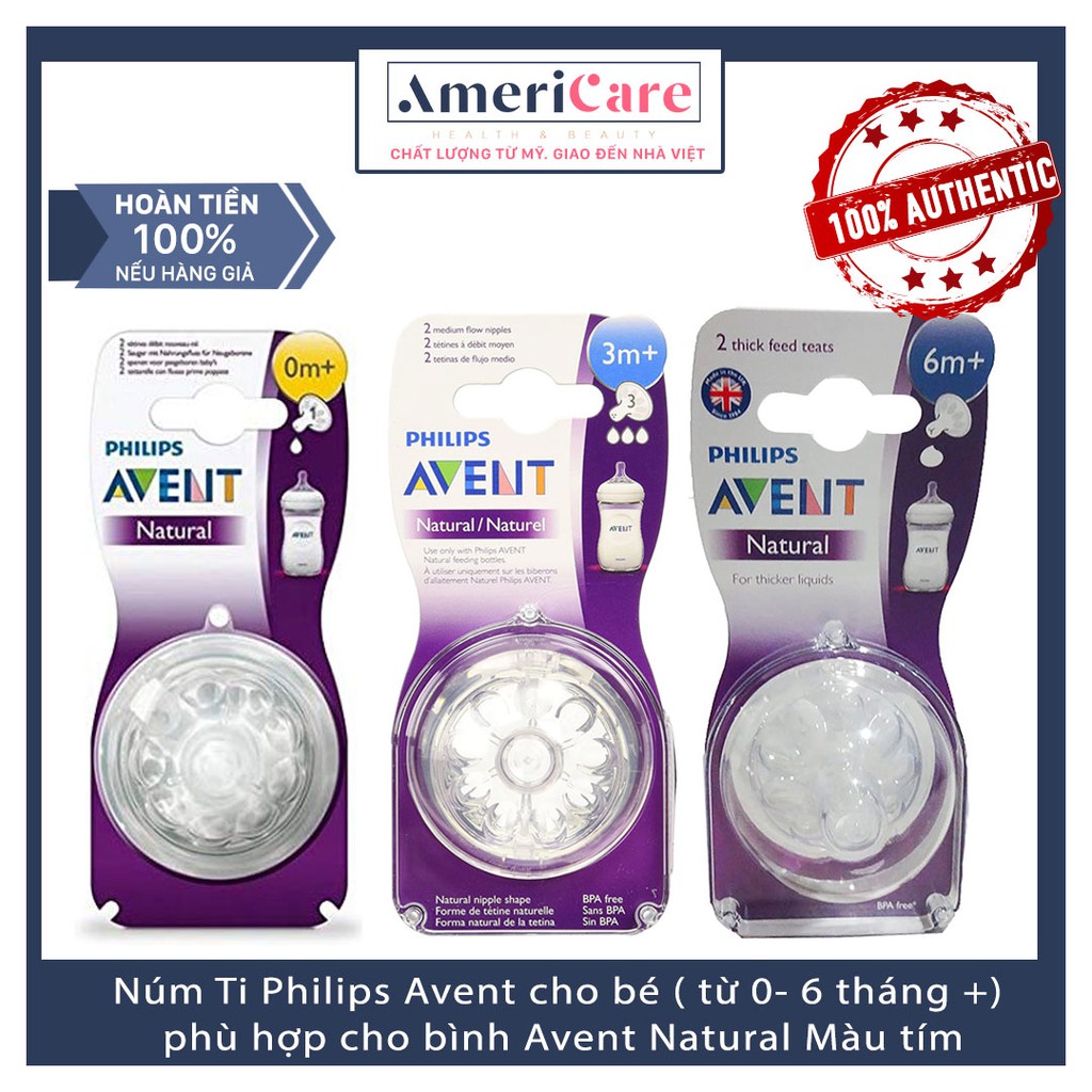 [Bill Mỹ] Núm ti Avent/ Núm Ty Phillip Avent cho Bình Sữa Avent Natural Cổ Rộng Màu Tím