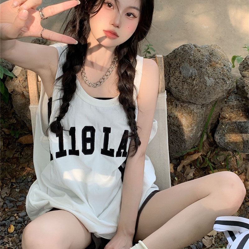 Áo thun ba lỗ SUXI dáng rộng in chữ đơn giản phong cách thể thao thời trang mùa hè cho nữ