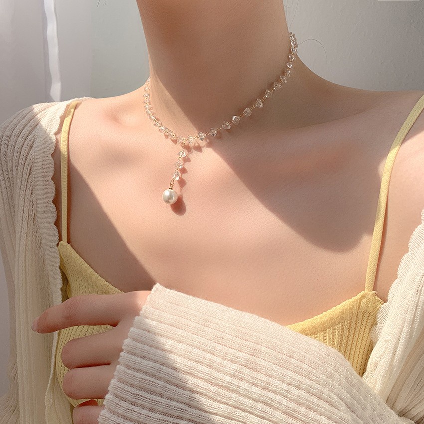 Vòng cổ Dáng Ngắn Đính Pha Lê Trong Suốt Phối Ngọc Trai Thời Trang Chất Lượng Cao Cho Nữ