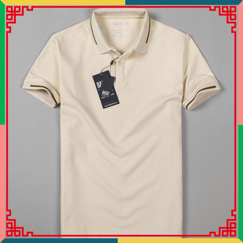 Áo thun nam có cổ polo cao cấp, màu kem nâu tanin phối viền sang trọng | BigBuy360 - bigbuy360.vn