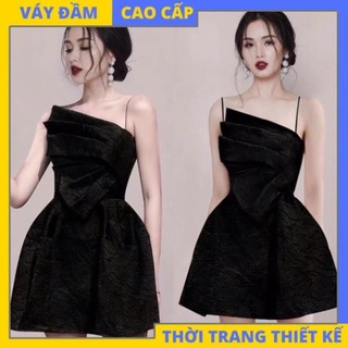 Đầm sang trọng đầm dự tiệc gấm hai dây xoè nơ ngực đi chơi dạo phố cao cấp (CÓ ĐỆM NGỰC) [HÀNG THIẾT KẾ CAO CẤP]