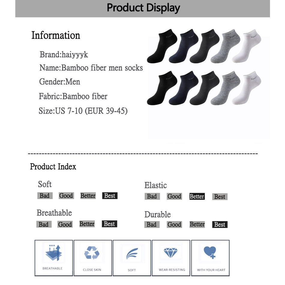 Set 10 Đôi Tất Nam Chất Liệu Sợi Tre Thoáng Khí Chống Vi Khuẩn